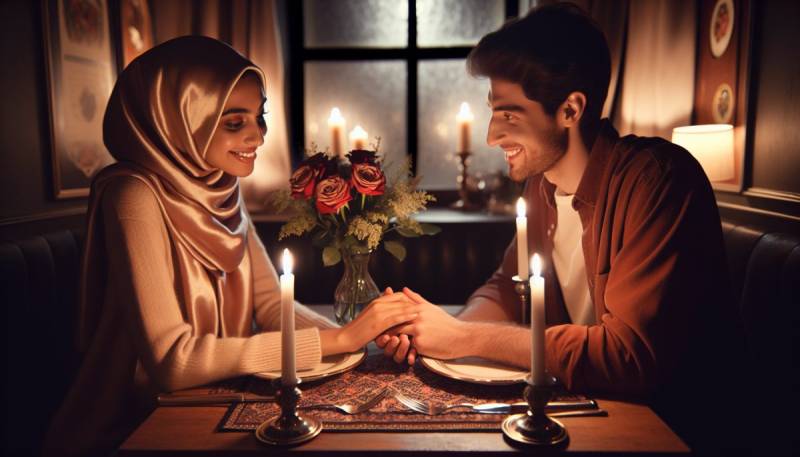 Cena romántica de San Valentín con velas y rosas