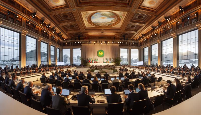 Un bullicioso salón de conferencias en la Cumbre Global del Clima 2026 en Río de Janeiro